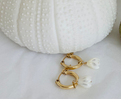 Mother of Pearl Pikake on 14k Gold Filled Hinged Hoops